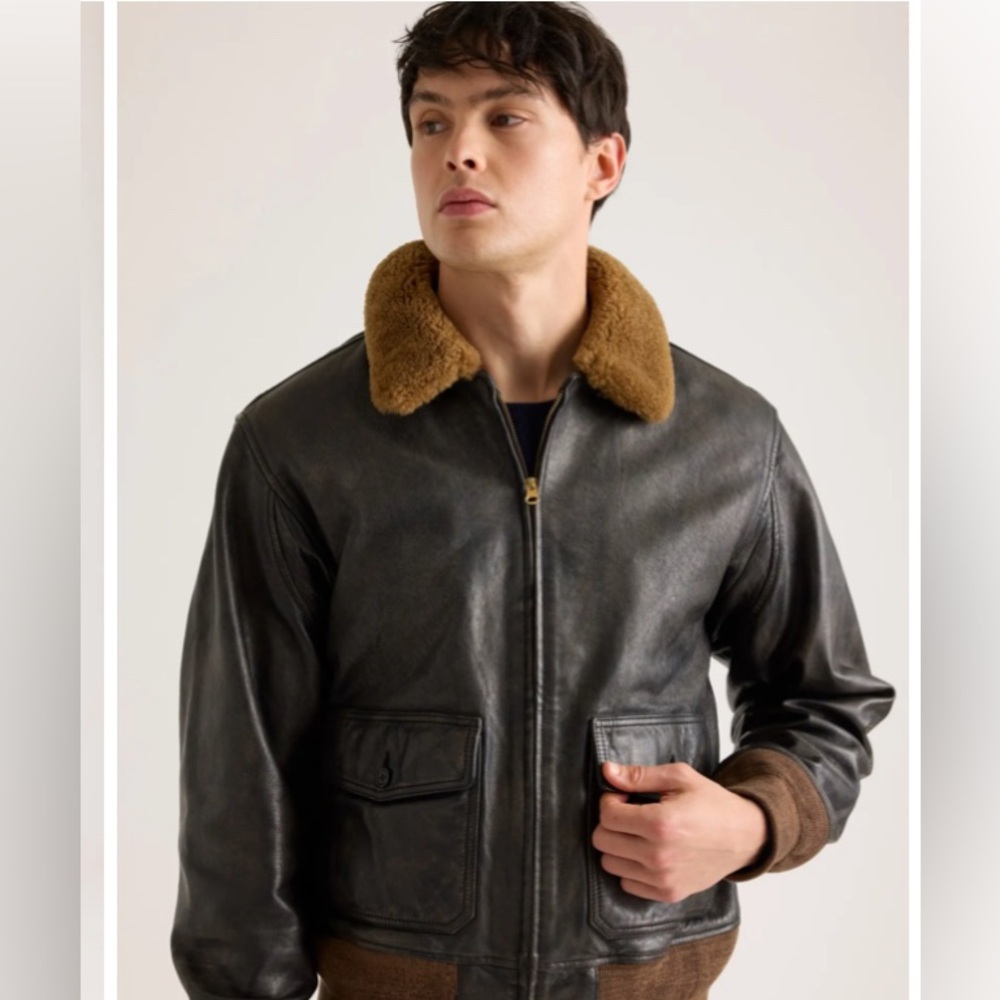 Men’s brown leather bomber jacket from Quince, size large
